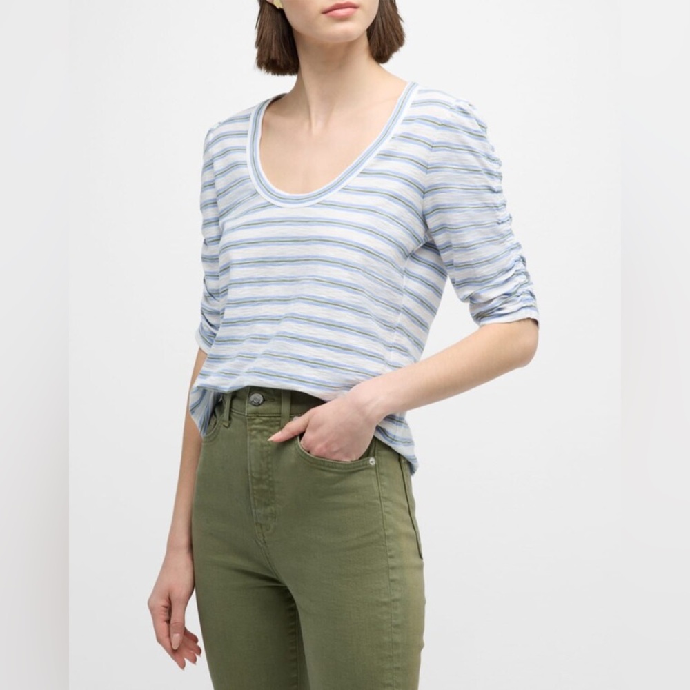 Veronica Beard Netto Stripe Ruched-Sleeve Tee Blue and White Striped Size Small